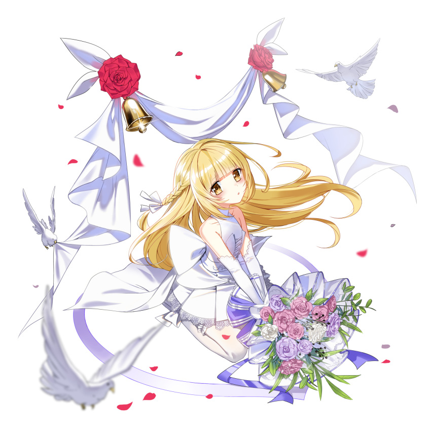 1girl :o back_bow banner bare_arms bell bird blonde_hair blush bouquet bow braid bridal_gauntlets closers dove dress falling_petals flat_chest flower frilled_thighhighs frills full_body hair_ribbon highres holding holding_bouquet kneeling lace-trimmed_dress lace_trim long_hair looking_at_viewer lucy_(closers) official_art petals pink_flower pink_rose purple_flower purple_rose red_flower red_rose ribbon rose short_dress side_braid sleeveless sleeveless_dress solo tachi-e thigh-highs wedding_dress white_background white_bow white_bridal_gauntlets white_dove white_dress white_ribbon white_thighhighs yellow_eyes