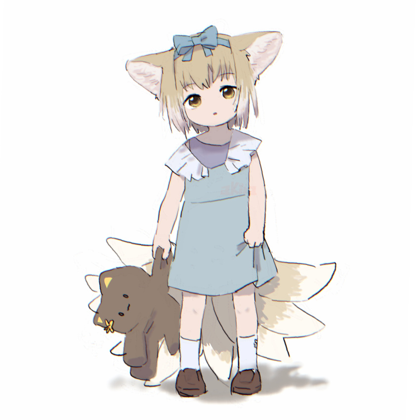 1girl aged_down alternate_costume animal_ears arknights artist_name blonde_hair blue_dress blue_hairband bow bow_hairband brown_footwear commentary_request dress fox_ears fox_girl fox_tail full_body hair_bow hairband highres holding holding_stuffed_toy kitsune kyuubi looking_at_viewer multicolored_hair multiple_tails niwatori_(akira_207) parted_lips purple_shirt shadow shirt shoes short_hair simple_background sleeveless sleeveless_dress socks solo standing stuffed_toy suzuran_(arknights) tail two-tone_hair watermark white_background white_hair white_socks yellow_eyes