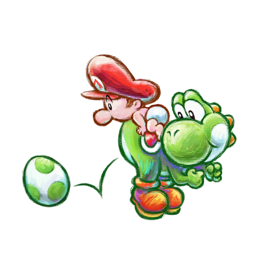 1boy 1other absurdres baby_mario boots brown_footwear diaper egg hat highres official_art red_headwear simple_background super_mario_bros. transparent_background yoshi yoshi's_new_island
