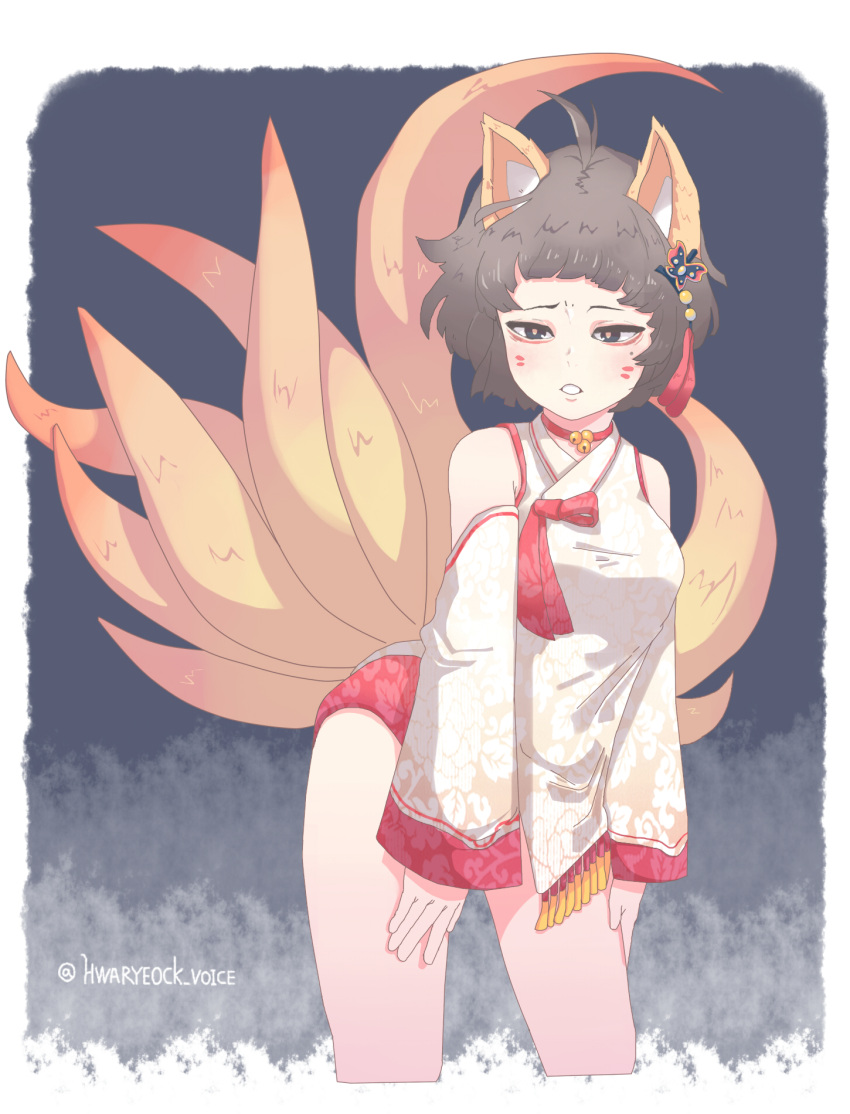1girl ahoge animal_ears bell breasts brown_hair choker facial_mark feet_out_of_frame fox_ears fox_girl fox_tail hair_ornament highres hwaryeok japanese_clothes kitsune kyuubi makeup medium_breasts miko multiple_tails neck_bell open_mouth original simple_background solo tail teeth