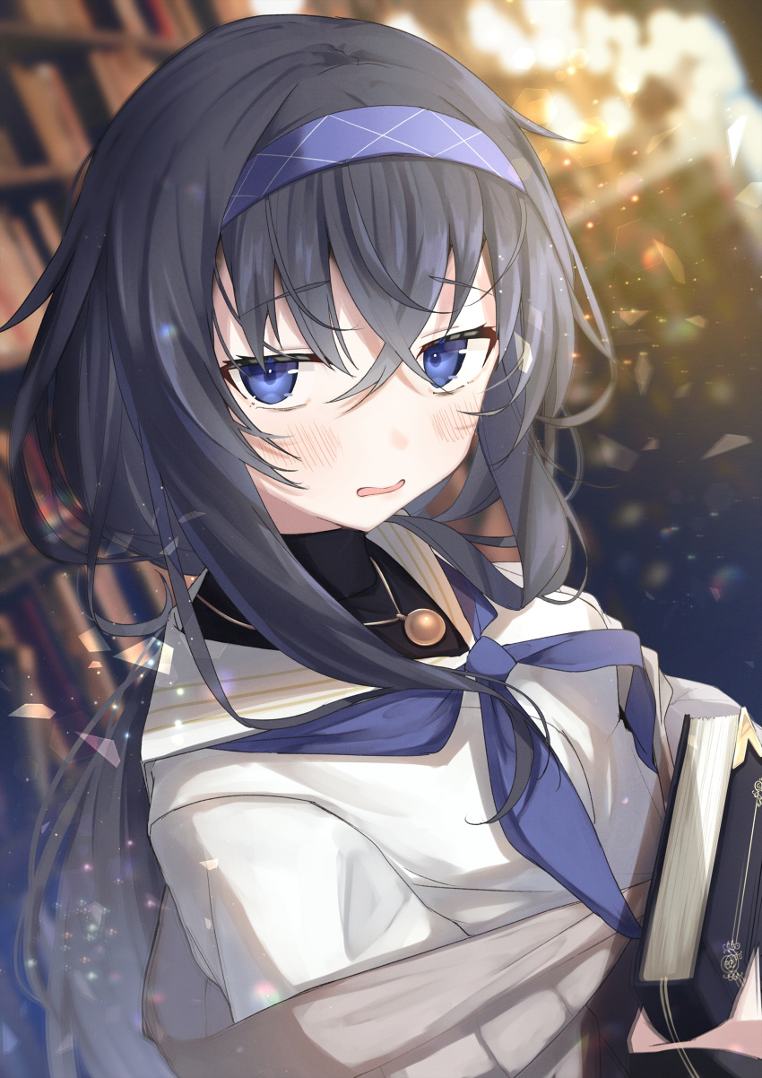 1girl absurdres black_hair blue_archive blue_eyes blue_hairband blurry blurry_background blush book bookshelf breasts cardigan crossed_bangs hair_between_eyes hairband highres holding holding_book jewelry long_hair long_sleeves looking_at_viewer medium_breasts neckerchief necklace nidaime_(doronbo) parted_lips sailor_collar solo ui_(blue_archive) upper_body white_sailor_collar
