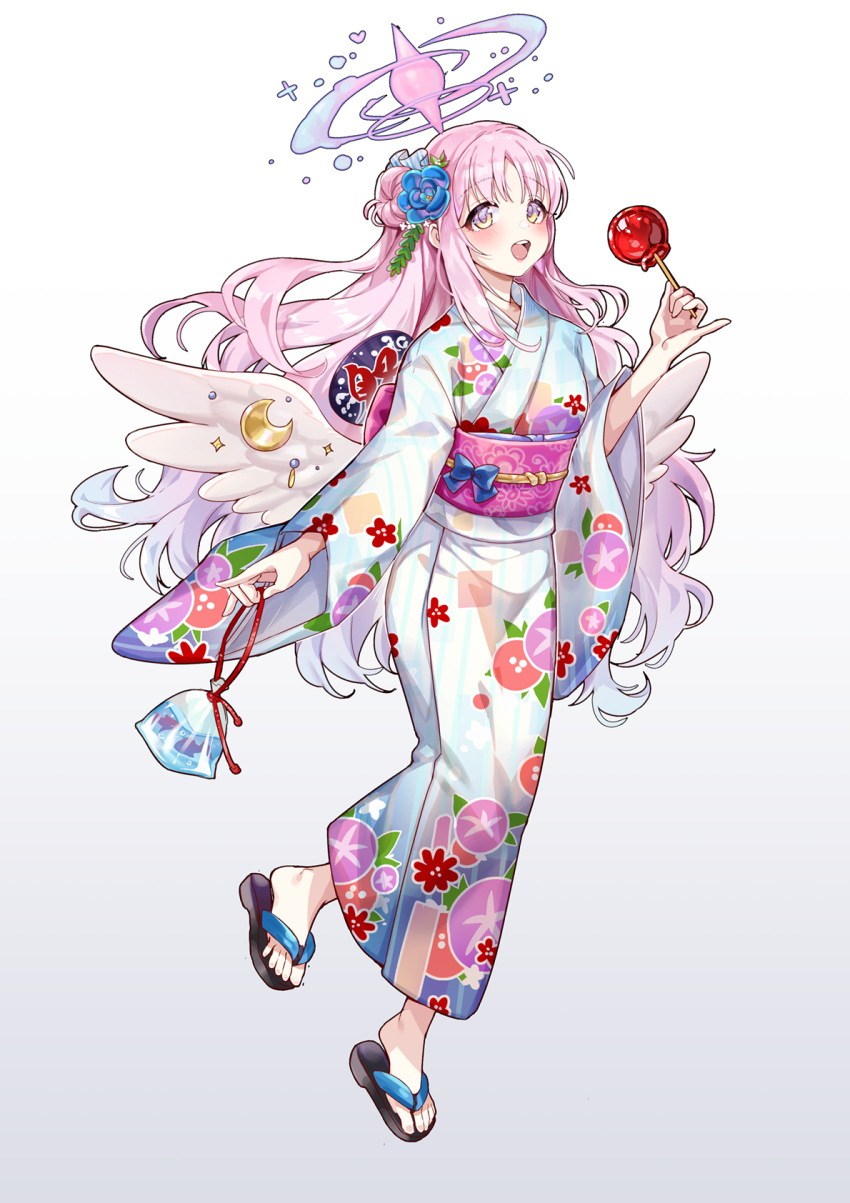 1girl bag blue_archive blue_flower candy_apple feathered_wings feet fish flip-flops flower food goldfish hair_bun hair_flower hair_ornament halo highres holding holding_bag japanese_clothes kimono long_hair long_sleeves looking_at_viewer mika_(blue_archive) open_mouth picter pink_hair plastic_bag sandals sash simple_background smile solo toenails toes violet_eyes white_background wings