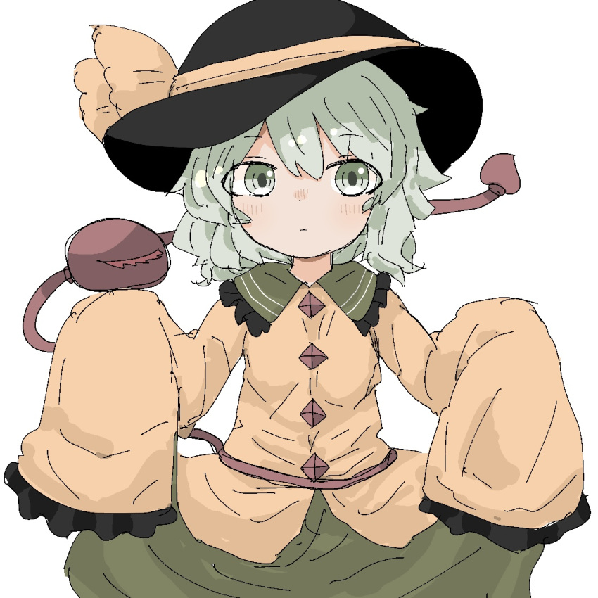 1girl black_headwear blouse bow buttons closed_mouth cowboy_shot diamond_button expressionless eyeball frilled_shirt_collar frilled_sleeves frills green_eyes green_skirt hands_up hat hat_bow hat_ribbon iroha-kuro komeiji_koishi light_green_hair long_sleeves looking_at_viewer medium_hair ribbon shirt simple_background skirt sleeves_past_fingers sleeves_past_wrists solo standing third_eye touhou wavy_hair white_background wide_sleeves yellow_bow yellow_ribbon yellow_shirt