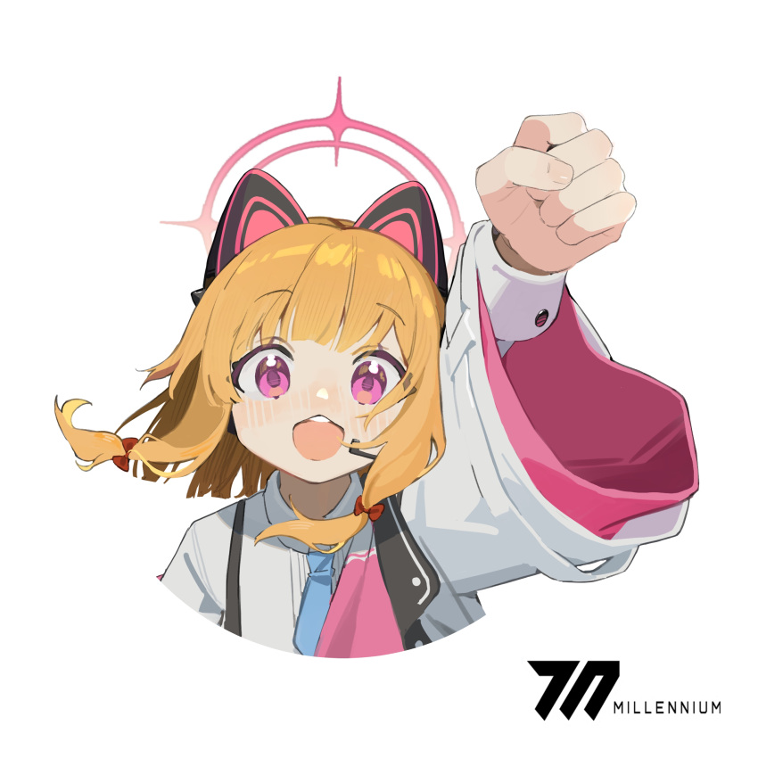1girl animal_ear_headphones animal_ears arm_up blonde_hair blue_archive blue_necktie blush bow cat_ear_headphones clenched_hand elena_zao fake_animal_ears hair_bow halo headphones highres looking_at_viewer momoi_(blue_archive) necktie open_mouth outstretched_arm pink_eyes red_bow short_hair_with_long_locks short_necktie sidelocks simple_background solo teeth upper_body upper_teeth_only white_background