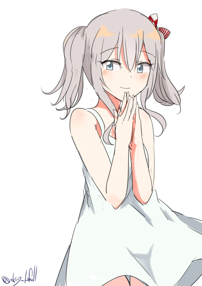1girl absurdres alternate_costume dress grey_eyes grey_hair highres kantai_collection kashima_(kancolle) long_hair looking_at_viewer one-hour_drawing_challenge own_hands_together robinson_(day_l_full) sidelocks simple_background smile solo sundress twintails twitter_username wavy_hair white_background white_dress