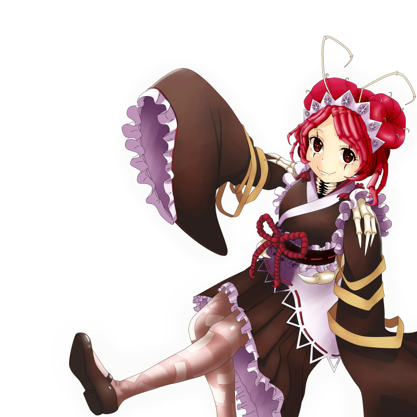 1girl absurdres antennae apron arthropod_girl brown_footwear brown_kimono brown_thighhighs closed_mouth commentary double_bun entoma_vasilissa_zeta extra_mouth extra_pupils fangs foot_out_of_frame hair_bun hand_up highres japanese_clothes kimono leg_up lhofi looking_at_viewer maid maid_headdress mary_janes monster_girl ofuda ofuda_on_clothes overlord_(maruyama) pink_hair red_eyes shoe_soles shoes short_hair simple_background sitting skin_fangs sleeves_past_wrists smile solo striped striped_thighhighs swinging_legs thigh-highs white_apron white_background wide_sleeves