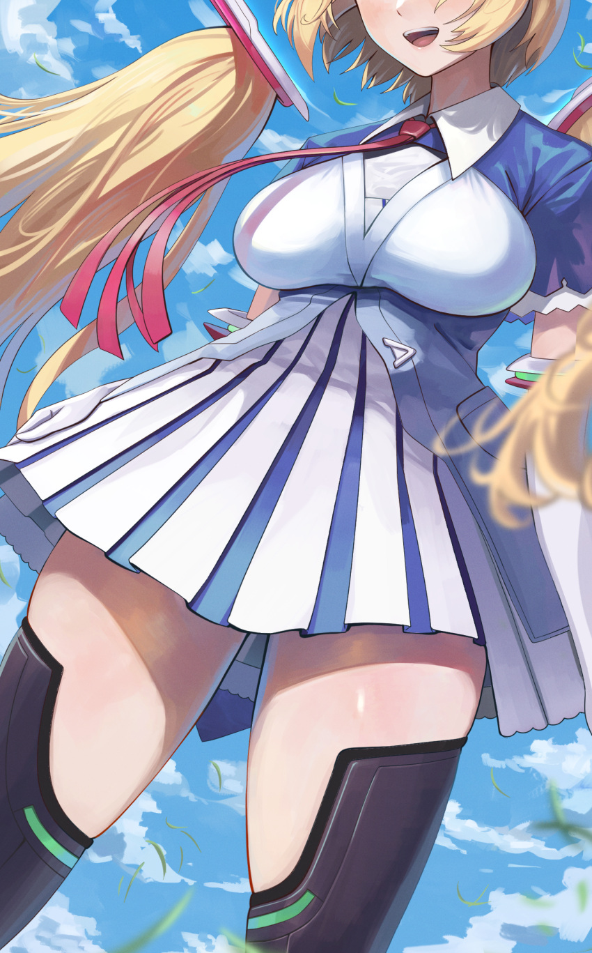 1girl aki_rosenthal blonde_hair blush breasts dalcom frilled_sleeves frills head_out_of_frame high-waist_skirt highres hololive large_breasts long_hair necktie open_mouth pleated_skirt short_sleeves skirt solo thigh-highs thighs virtual_youtuber