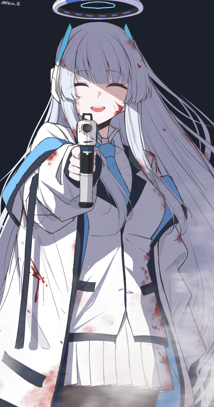 1girl ^_^ absurdres black_background blood blood_on_clothes blood_on_face blue_archive blue_necktie closed_eyes gun handgun highres holding holding_gun holding_weapon jacket long_hair long_sleeves necktie noa_(blue_archive) open_mouth reia_76 simple_background skirt smile solo teeth upper_teeth_only weapon white_hair white_jacket white_skirt