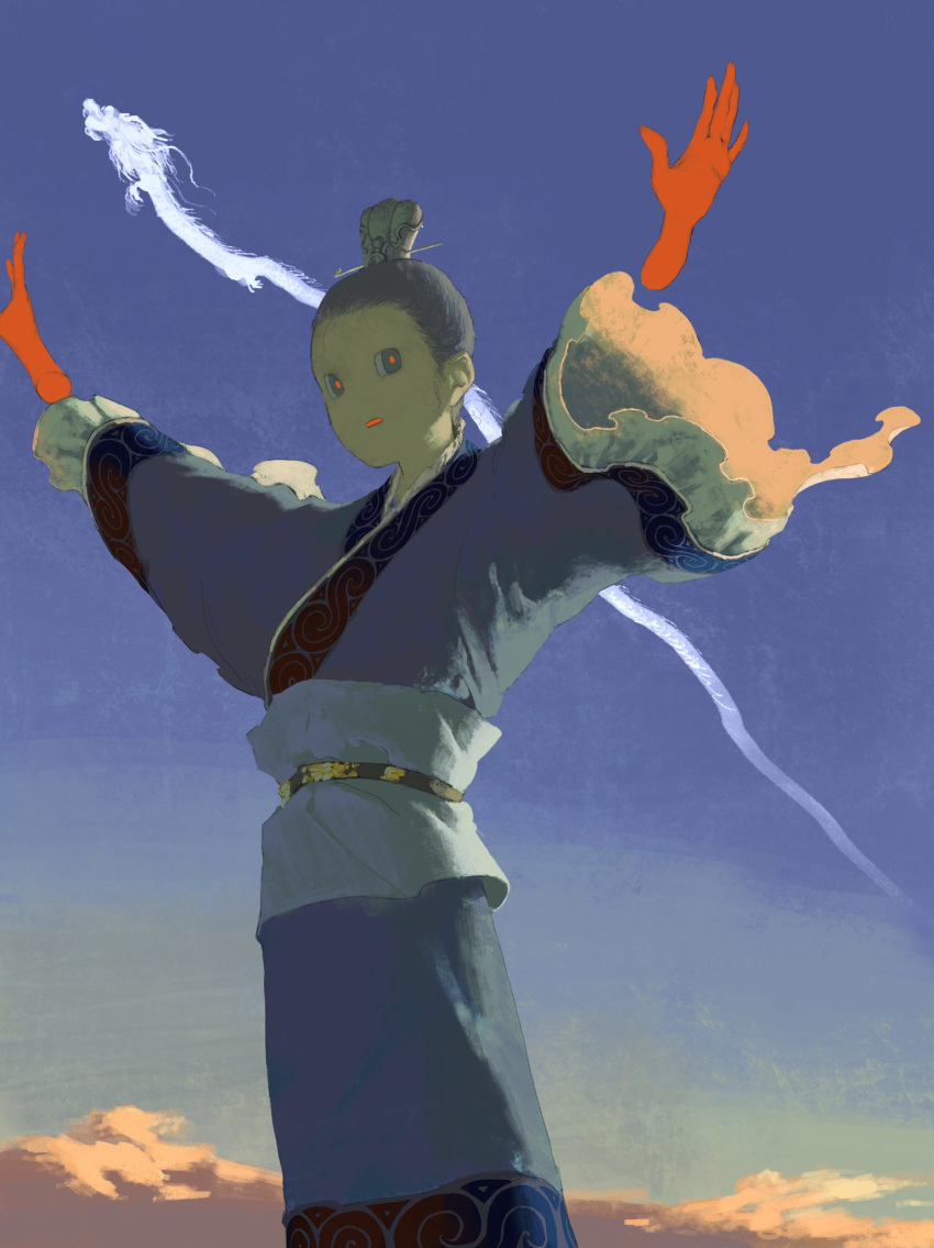 arms_up blue_kimono blue_sky clouds colored_skin cowboy_shot day disembodied_limb dragon eastern_dragon grey_eyes grey_hair gtsleep1200 highres japanese_clothes kimono long_sleeves looking_at_viewer multicolored_skin original outdoors outstretched_arms parted_lips red_pupils red_skirt sash short_hair skirt sky solo standing two-tone_skin white_sash wide_sleeves