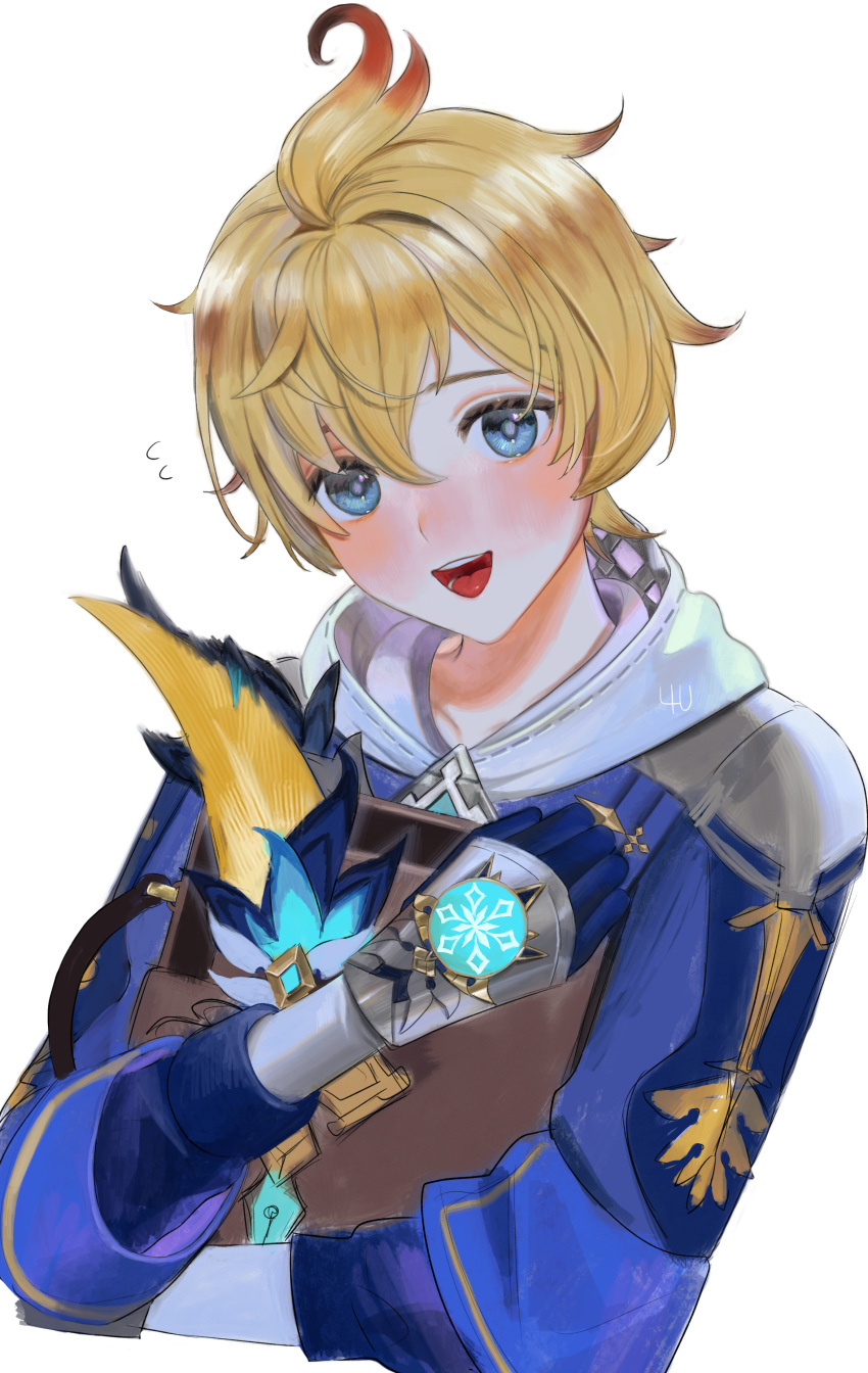 1boy 4the2ofus absurdres blonde_hair blue_eyes blush book cropped_torso flying_sweatdrops gauntlets genshin_impact gradient_hair hair_between_eyes highres holding holding_book hood hood_down long_sleeves looking_at_viewer male_focus mika_(genshin_impact) multicolored_hair open_mouth redhead signature simple_background solo upper_body white_background