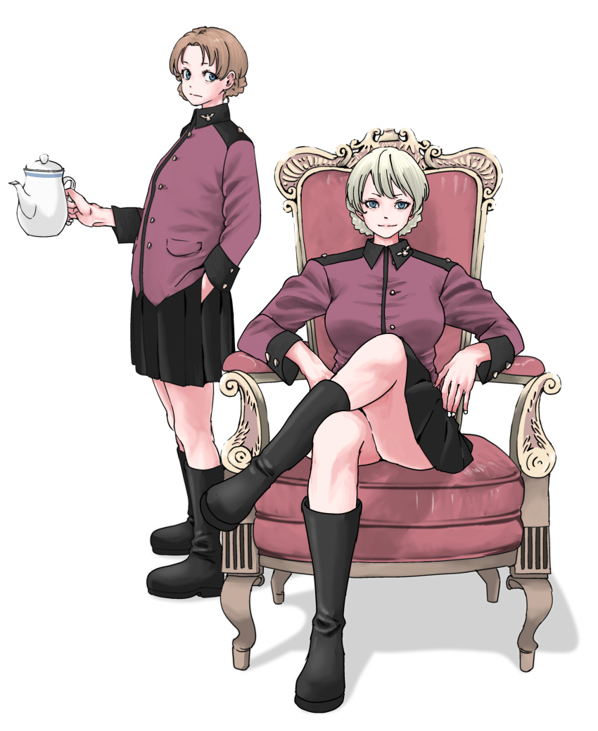 2girls absurdres armchair black_skirt blonde_hair blue_eyes boots braid breasts chair commentary_request crossed_arms darjeeling_(girls_und_panzer) expressionless french_braid girls_und_panzer hand_in_pocket highres holding holding_teapot jacket knee_boots large_breasts light_smile looking_at_viewer multiple_girls orange_pekoe_(girls_und_panzer) pleated_skirt red_jacket short_hair skirt skrmtl st._gloriana's_military_uniform teapot thighs
