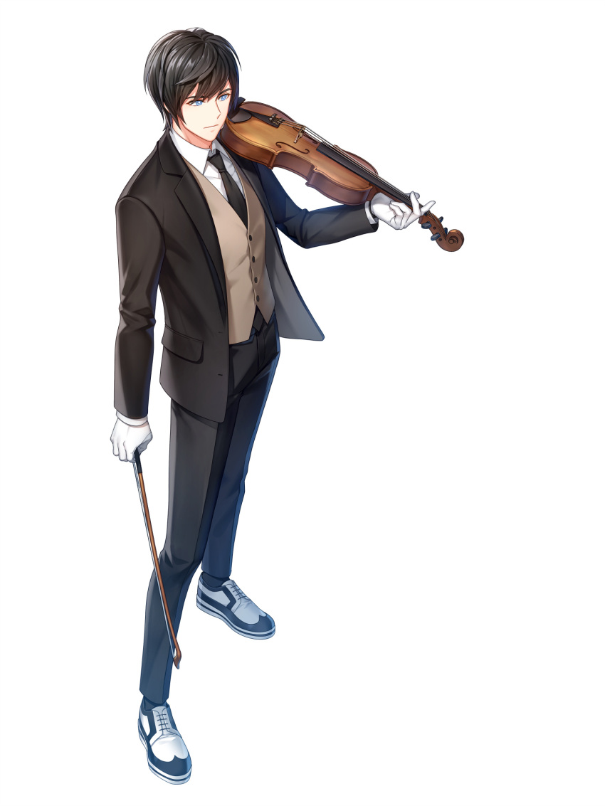 1boy black_hair black_jacket black_necktie black_pants blue_eyes bright_pupils brown_vest chulsoo_kim_(closers) closed_mouth closers collared_shirt from_above full_body gloves hand_up highres holding holding_bow_(music) holding_instrument instrument jacket looking_ahead necktie official_art oxfords pants shirt short_hair solo suit swept_bangs tachi-e vest violin white_background white_footwear white_gloves white_pupils white_shirt