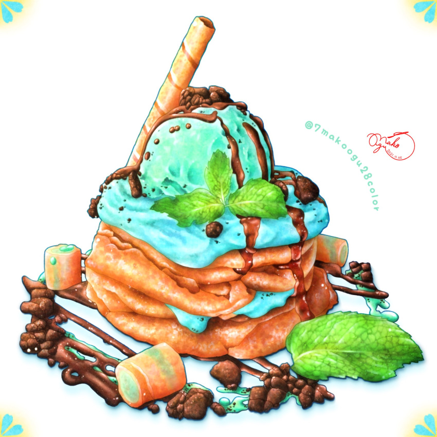 7makoogu28color artist_name color_ink_(medium) food food_focus highres ice_cream ice_cream_scoop leaf mint mint_chocolate original painting_(medium) pancake simple_background traditional_media watercolor_(medium)
