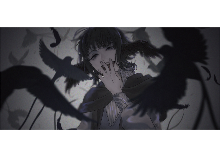 1girl bird bird_wings black_bird black_capelet black_eyes black_hair blurry capelet chan_(yh910) commentary depth_of_field falling_feathers feathered_wings film_grain final_fantasy final_fantasy_xiv flock grey_background grey_capelet greyscale half-closed_eyes hand_on_own_face hand_up head_wings highres long_sleeves looking_at_viewer meteion monochrome open_mouth portrait short_hair solo teeth transparent_background upper_teeth_only wings