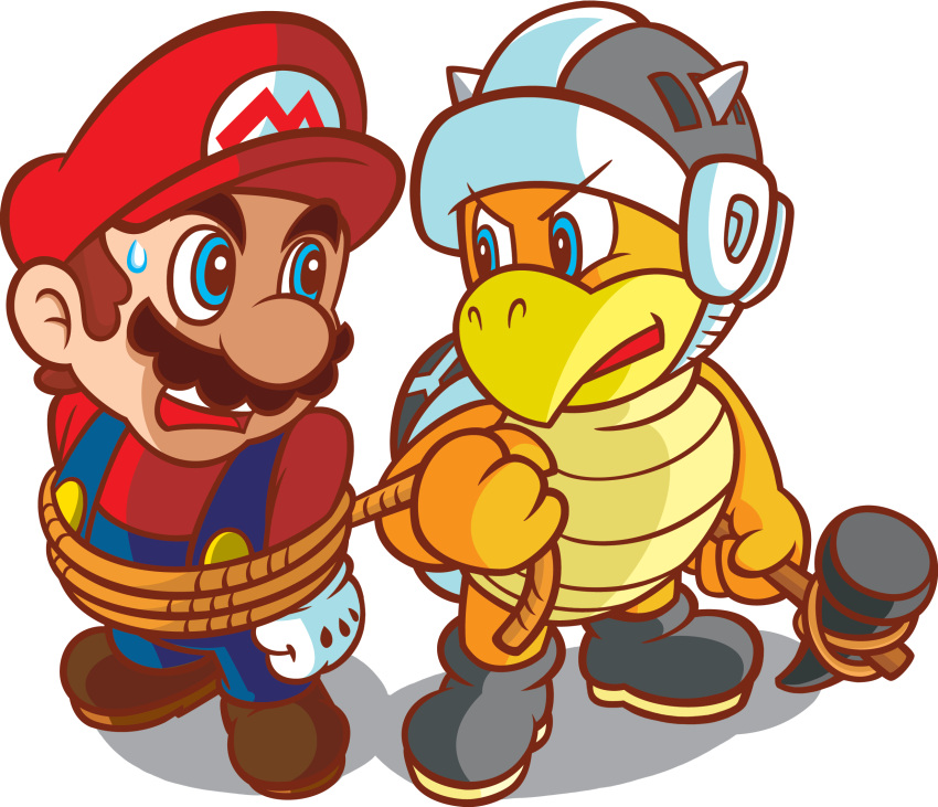 2boys army_hammer_bro blue_eyes blue_overalls boots bound brown_footwear facial_hair fake_horns gloves hammer hat helmet highres holding holding_hammer holding_weapon horned_helmet horns mario multiple_boys mustache official_art open_mouth overalls red_headwear red_shirt rope shirt short_hair simple_background super_mario_bros. super_princess_peach teeth tied_up_(nonsexual) transparent_background upper_teeth_only weapon white_gloves