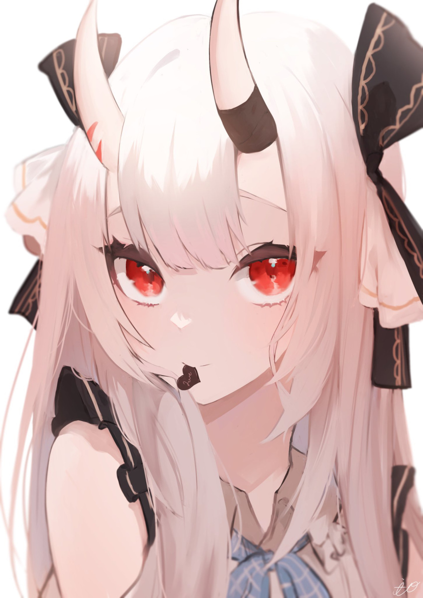 1girl candy chocolate close-up commentary_request food hair_ribbon heart heart-shaped_chocolate highres hololive horns light_blush long_hair looking_at_viewer mashiro_io mouth_hold nakiri_ayame nakiri_ayame_(3rd_costume) oni_horns portrait red_eyes ribbon simple_background solo virtual_youtuber white_background white_hair