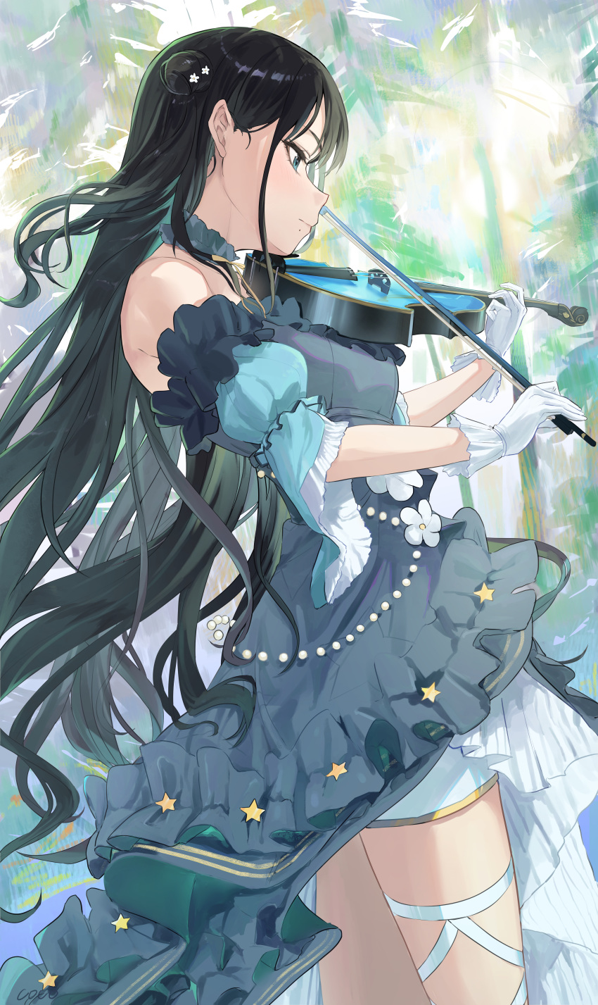 1girl absurdres aqua_dress black_hair blush detached_sleeves dress forest from_side gloves hair_bun highres idolmaster idolmaster_shiny_colors instrument kazano_hiori mole mole_under_mouth music nature one_side_up playing_instrument profile single_side_bun uouokuma violin white_gloves