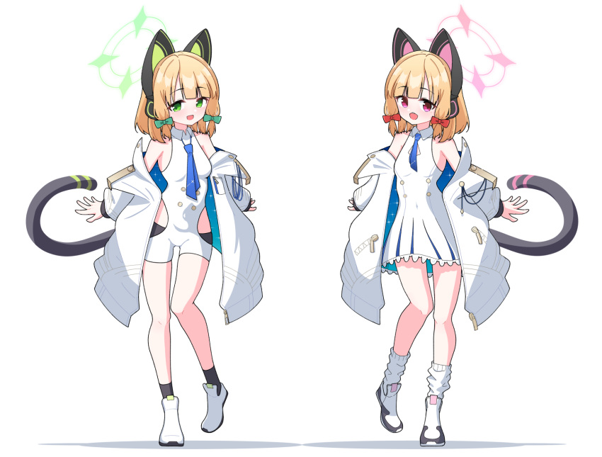 2girls 525_woiwo :d animal_ear_headphones animal_ears blonde_hair blue_archive blue_necktie bow breasts cat_ear_headphones commentary_request cosplay fake_animal_ears full_body green_bow green_halo hair_bow halo headphones highres jacket long_hair looking_at_viewer midori_(blue_archive) momoi_(blue_archive) multiple_girls necktie open_clothes open_jacket open_mouth pink_halo red_bow shoes short_hair siblings simple_background sisters small_breasts smile standing standing_on_one_leg sumomo_(blue_archive) sumomo_(blue_archive)_(cosplay) tail twins white_background white_footwear white_jacket