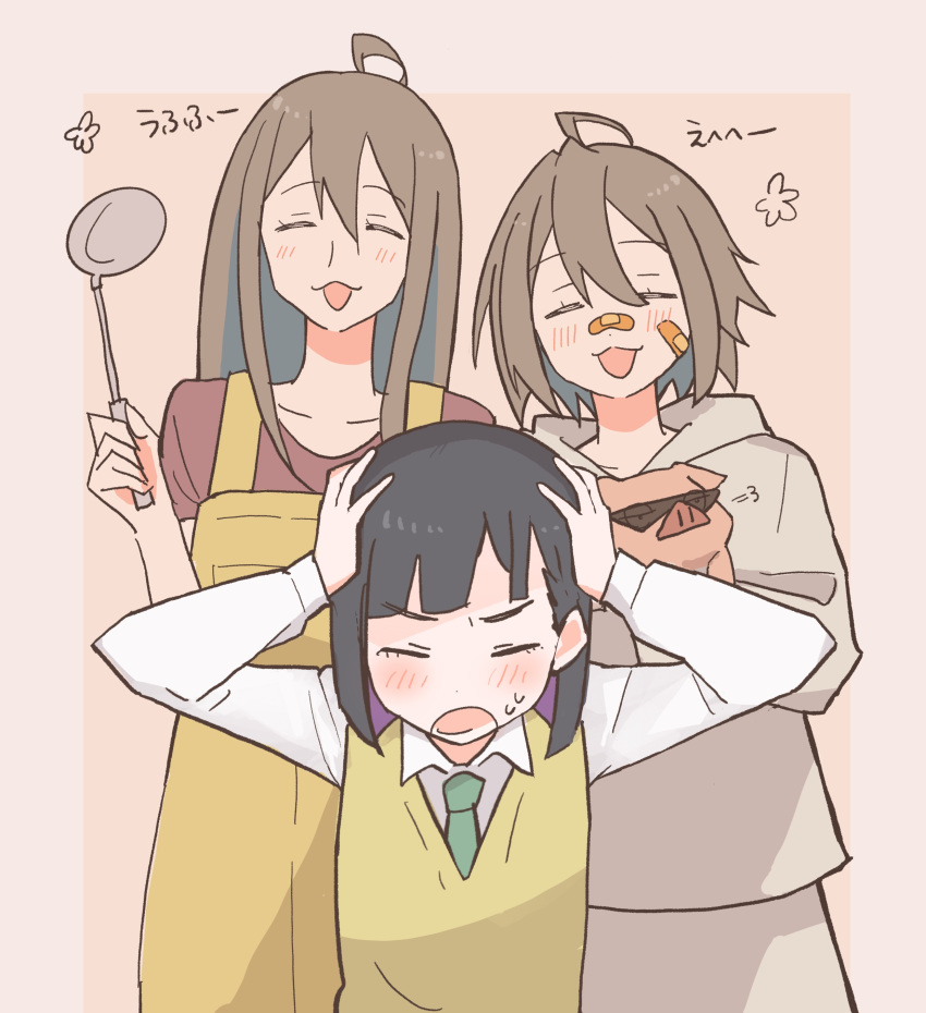 3girls :d =3 absurdres ahoge animal apron bandaid bandaid_on_cheek bandaid_on_face bandaid_on_nose black_hair blue_hair blunt_bangs blunt_ends bob_cut brown_background closed_eyes colored_inner_hair commentary covering_own_ears do_it_yourself!! dress_shirt frown green_necktie grey_hair grey_hoodie highres holding holding_animal holding_ladle hood hood_down hoodie ladle long_hair long_sleeves meat_(do_it_yourself!) mother_and_daughter multicolored_hair multiple_girls necktie open_mouth pig purple_hair red_shirt saitsuyoshi school_uniform shirt short_hair smile standing sunglasses suride_miku sweatdrop sweater_vest translated v-neck white_shirt wing_collar yellow_apron yellow_sweater_vest yua_serufu yua_serufu's_mother