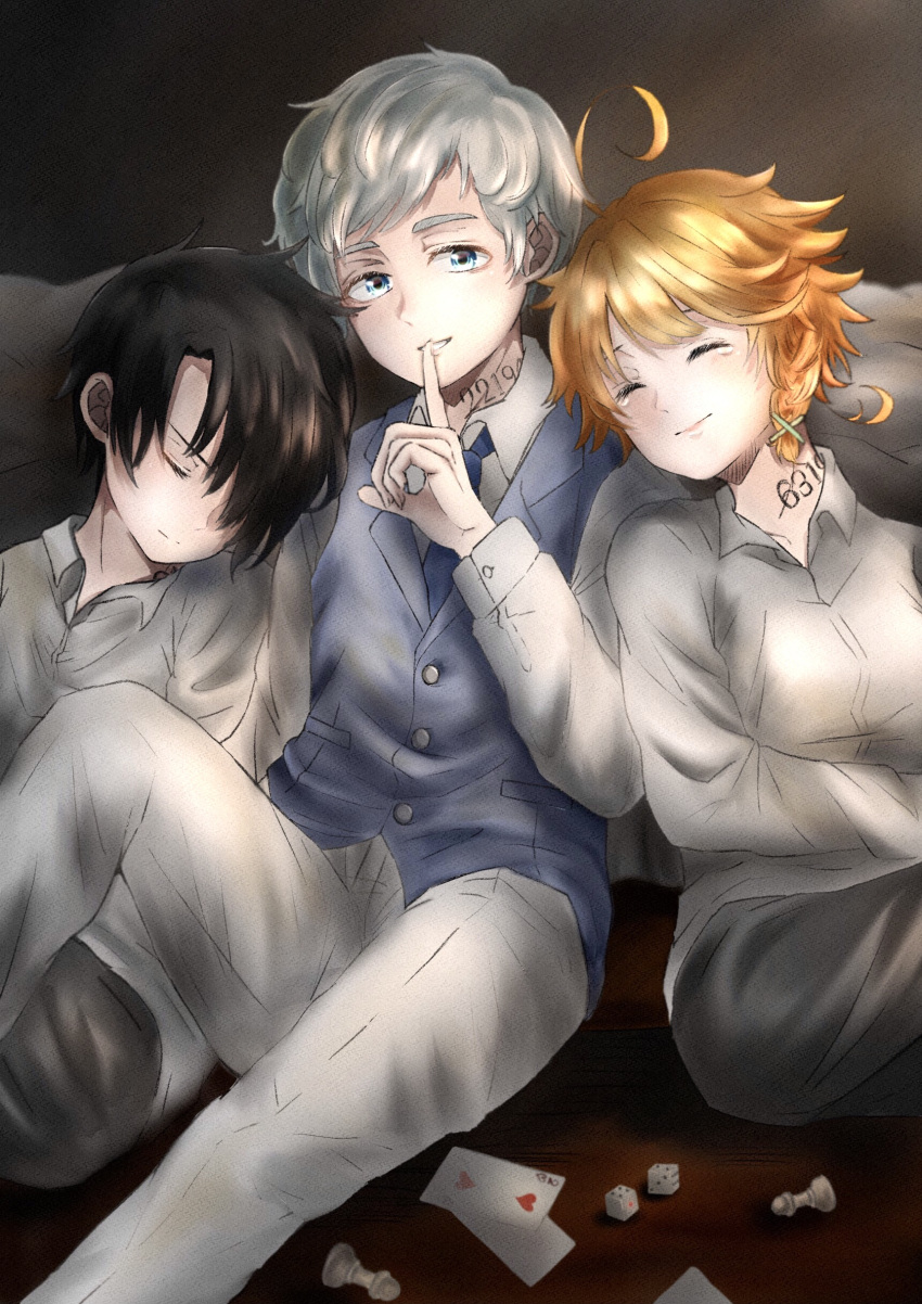 1girl 2boys absurdres black_hair black_pants blue_eyes blue_necktie blue_vest card chess_piece closed_eyes closed_mouth collared_shirt dice emma_(yakusoku_no_neverland) finger_to_mouth highres multiple_boys neck_tattoo necktie norman_(yakusoku_no_neverland) number_tattoo orange_hair pants pawn_(chess) playing_card r1014-chopper ray_(yakusoku_no_neverland) shirt shushing sitting sleeping tattoo vest white_hair white_pants white_shirt yakusoku_no_neverland