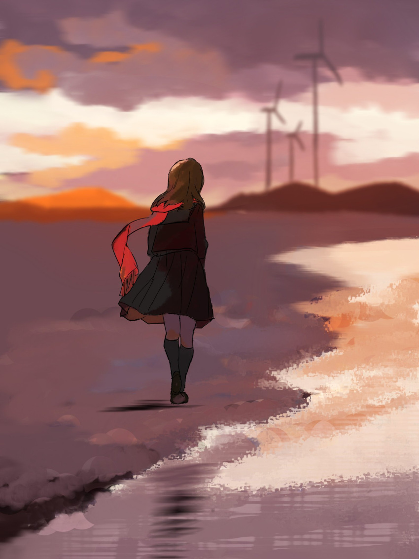 1girl black_sailor_collar black_skirt black_socks blurry blurry_background brown_hair caustics clouds commentary dark_clouds day facing_away floating_scarf fringe_trim from_behind full_body grey_sky highres kagerou_project loafers long_scarf looking_afar mountain mountainous_horizon on_ground otorigg outdoors pleated_skirt red_scarf reflection sailor_collar scarf shoes skirt sky socks solo tateyama_ayano walking_away water white_sky wide_shot wind wind_lift winter_uniform