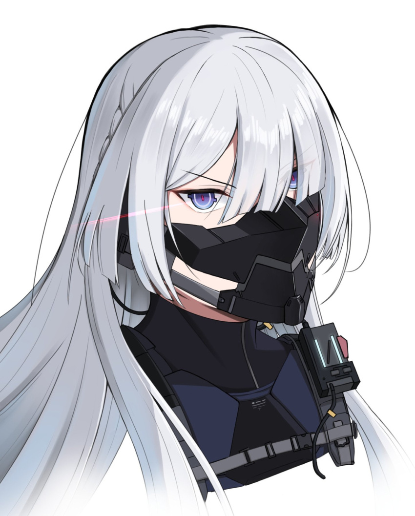 1girl ak-15_(girls'_frontline) artificial_eyes blunt_bangs braid citrus7763 defy_(girls'_frontline) eye_trail eyebrows_hidden_by_hair girls_frontline glowing glowing_eyes hair_over_one_eye highres light_trail long_hair looking_at_viewer mask mouth_mask simple_background solo tactical_clothes upper_body white_background white_hair