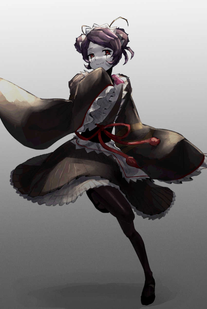 1girl absurdres antennae apron arthropod_girl bad_id bad_pixiv_id black_footwear black_pantyhose brown_kimono closed_mouth commentary double_bun entoma_vasilissa_zeta extra_pupils fangs full_body grey_background hair_bun hand_on_own_chin highres japanese_clothes kimono looking_at_viewer maid maid_headdress mary_janes midori_keshigomu monster_girl overlord_(maruyama) pantyhose purple_hair red_eyes shoes short_hair skin_fangs sleeves_past_wrists smile solo standing standing_on_one_leg white_apron wide_sleeves