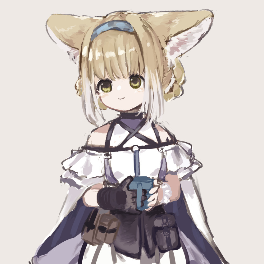 1girl animal_ears arknights bare_shoulders black_gloves blue_hairband blush closed_mouth clothing_cutout commentary_request cup dress fox_ears fox_girl frilled_sleeves frills gloves green_eyes grey_background hairband highres holding holding_cup multicolored_hair niwatori_(akira_207) short_hair short_sleeves shoulder_cutout simple_background single_glove single_wrist_cuff smile solo suzuran_(arknights) two-tone_hair upper_body white_hair wrist_cuffs
