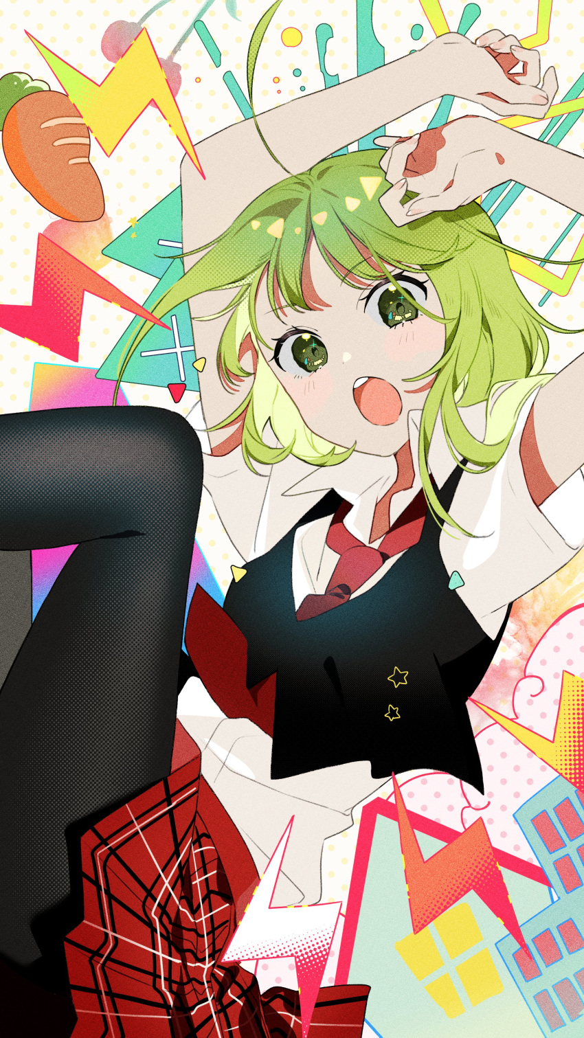 1girl :o absurdres alternate_costume arms_up black_pantyhose black_vest building carrot collared_shirt commentary confetti cropped_vest feet_out_of_frame green_eyes green_hair gumi highres knees_up lightning_bolt_symbol looking_at_viewer necktie omutatsu open_mouth pantyhose plaid plaid_skirt pleated_skirt polka_dot polka_dot_background red_necktie red_skirt setsuna_trip_(vocaloid) shirt short_hair simple_background skirt solo star_(symbol) teeth upper_teeth_only vest vocaloid white_background white_shirt