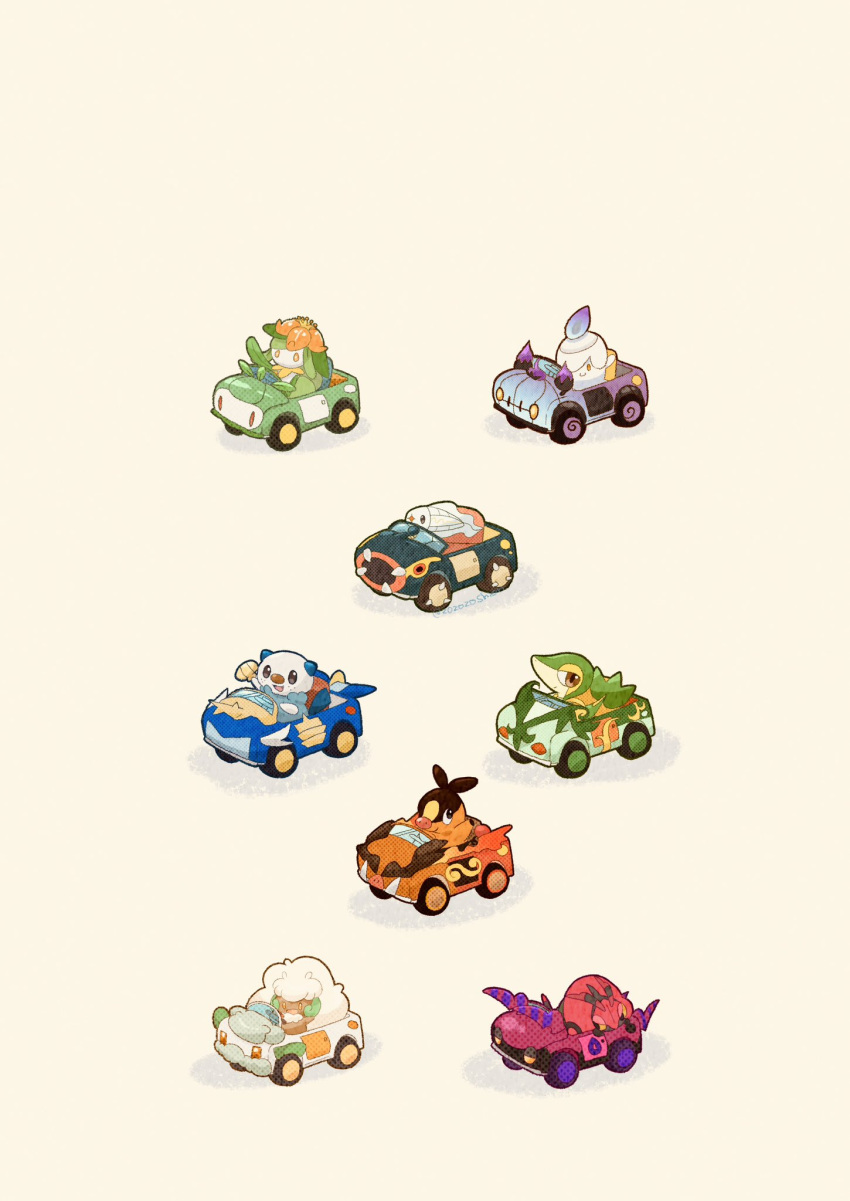 :d arms_up blue_fire brown_eyes car chandelure closed_mouth colored_sclera commentary_request cottonee eelektross emboar fire flame flower hand_up highres lilligant litwick looking_at_viewer motor_vehicle no_humans open_mouth oshawott petilil pokemon pokemon_(creature) purple_fire red_flower samurott scolipede serperior simple_background sitting smile snivy starter_pokemon_trio tepig tynamo venipede waving whimsicott yellow_background yellow_eyes yellow_sclera zozozoshion