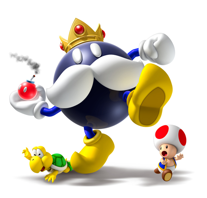 3boys 3d absurdres blue_vest bomb crown explosive facial_hair gloves highres holding holding_bomb king_bob-omb koopa_troopa multiple_boys mustache official_art open_mouth red_toad_(mario) running shadow shoes simple_background standing standing_on_one_leg super_mario_bros. toad_(mario) transparent_background vest white_gloves yellow_footwear