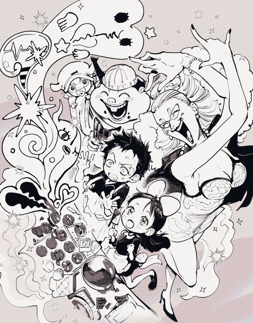 2girls 3boys absurdres aged_down baby_5 bead_necklace beads black_hair blonde_hair bow bracelet buck_teeth buffalo_(one_piece) closed_eyes dellinger_(one_piece) earrings female_child giolla glasses hair_bow highres horns jewelry long_hair male_child monochrome multiple_boys multiple_girls necklace nowosuke one_piece open_mouth pacifier painting_(object) short_hair smile surprised teeth trafalgar_law