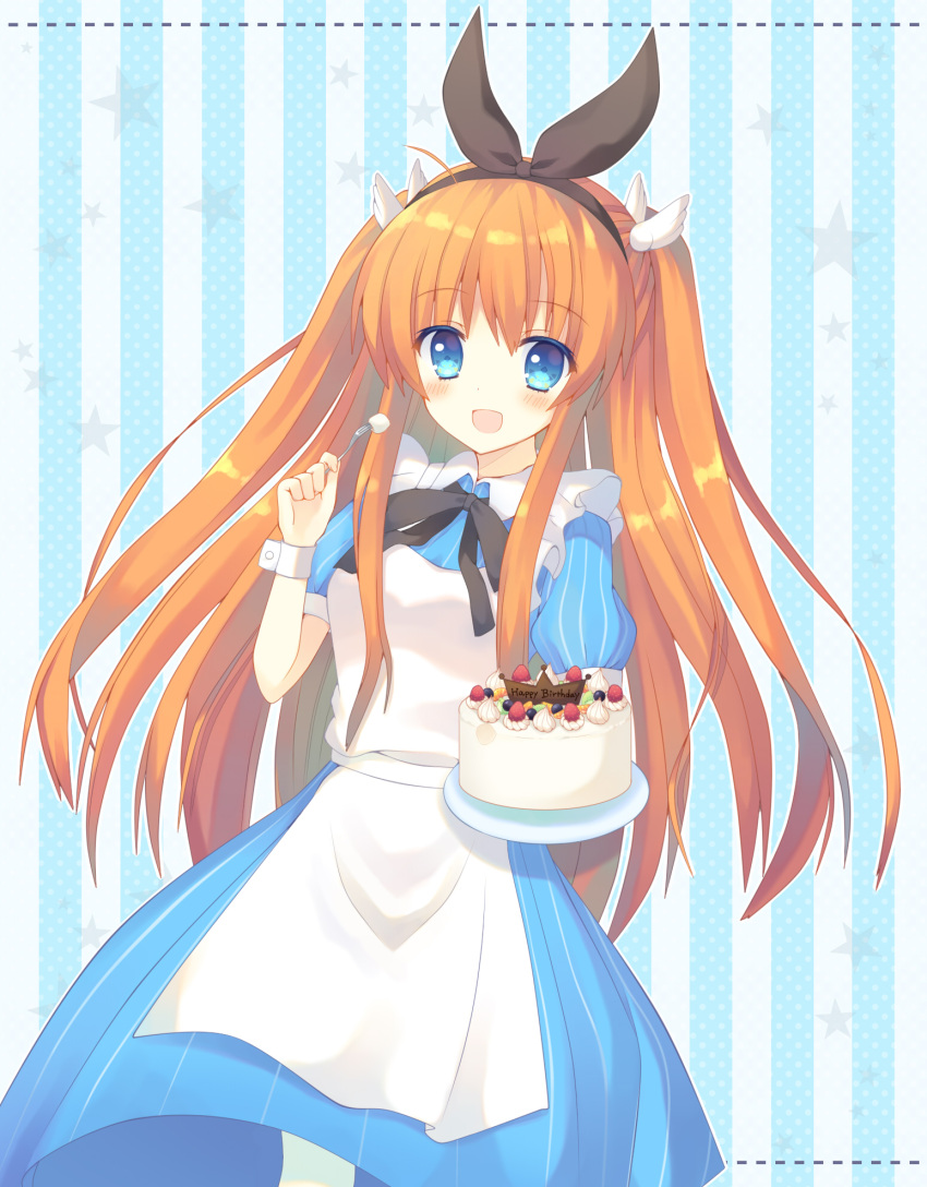 1girl :d aiyan alice_(alice_in_wonderland) alice_(alice_in_wonderland)_(cosplay) alice_in_wonderland apron birthday_cake black_ribbon blue_background blue_dress blue_eyes blush breasts cake colored_eyelashes commentary_request cosplay cowboy_shot dress english_text eyes_visible_through_hair floating_hair food fork frilled_apron frills fruit hair_between_eyes hair_ribbon hand_up happy highres holding holding_fork holding_tray long_dress long_hair looking_at_viewer medium_breasts ootori_chihaya open_mouth orange_hair pinstripe_dress pinstripe_pattern puffy_short_sleeves puffy_sleeves rewrite ribbon short_sleeves sidelocks simple_background smile solo standing star_(symbol) straight-on straight_hair strawberry striped striped_background tray twintails two_side_up very_long_hair white_apron white_wrist_cuffs wing_hair_ornament