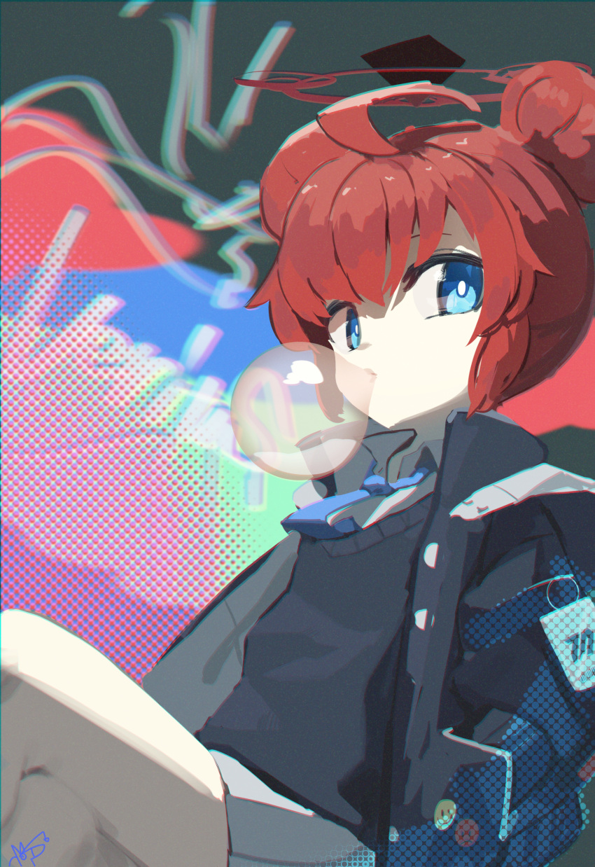 1girl absurdres ahoge blue_archive blue_eyes blue_necktie blue_sweater_vest blurry bubble_blowing chewing_gum dan_nako depth_of_field double_bun hair_bun halo highres id_card jacket looking_at_viewer maki_(blue_archive) necktie pleated_skirt redhead shirt short_hair sidelocks signature skirt smiley_face solo sweater_vest white_shirt