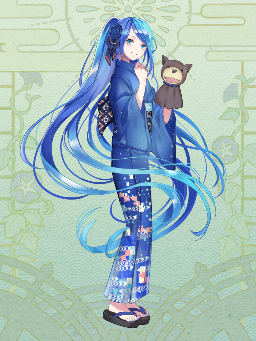 1girl animal_print blue_eyes blue_flower blue_hair blue_kimono blue_nails clenched_hand dairoku_ryouhei fish_print flower full_body green_background hair_flower hair_ornament hand_puppet highres japanese_clothes kimono kusunokinawate long_hair none_emme obi puppet sandals sash smile solo standing very_long_hair wide_sleeves