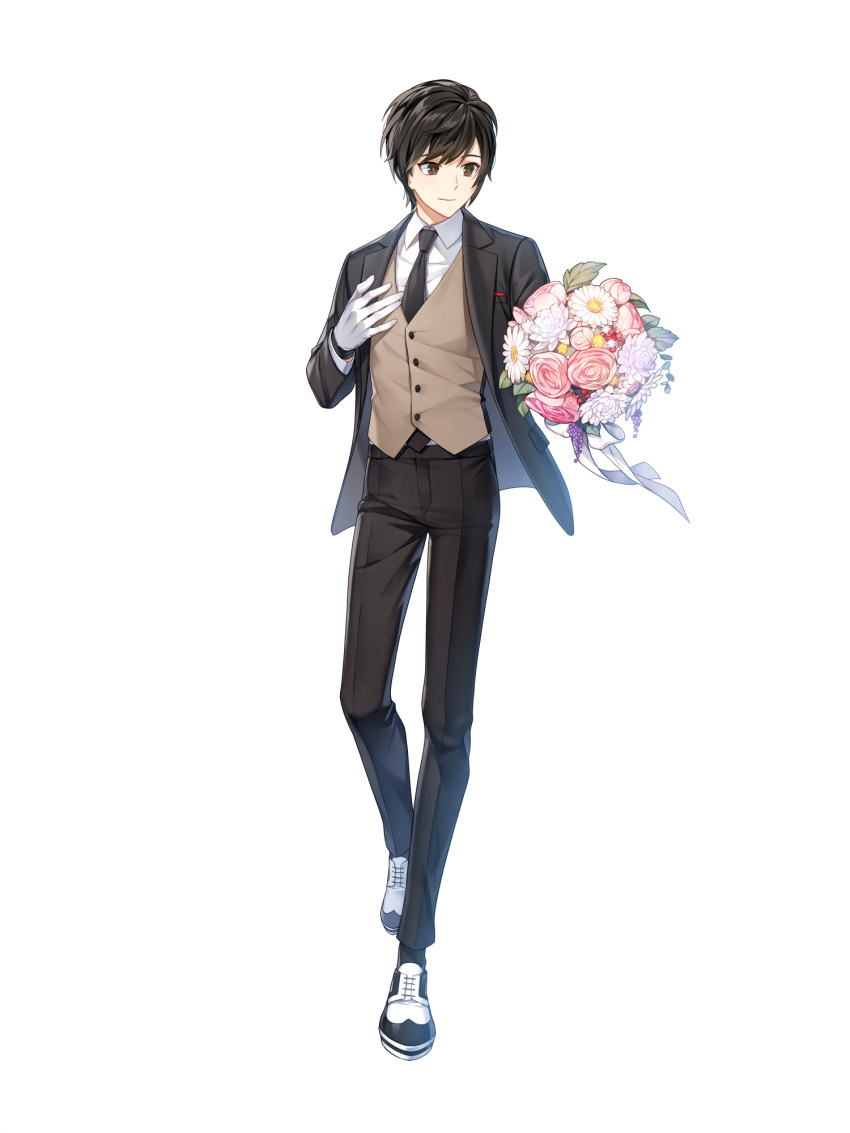 1boy black_hair black_jacket black_necktie black_pants black_socks blue_eyes bouquet brown_vest chrysanthemum closed_mouth closers collared_shirt flower full_body gloves hand_on_own_chest hand_up highres holding holding_bouquet jacket looking_to_the_side male_focus necktie official_art outstretched_arm oxfords pants pink_flower pink_rose rose seha_lee shirt short_hair smile socks solo suit swept_bangs tachi-e vest walking white_background white_flower white_footwear white_gloves white_shirt