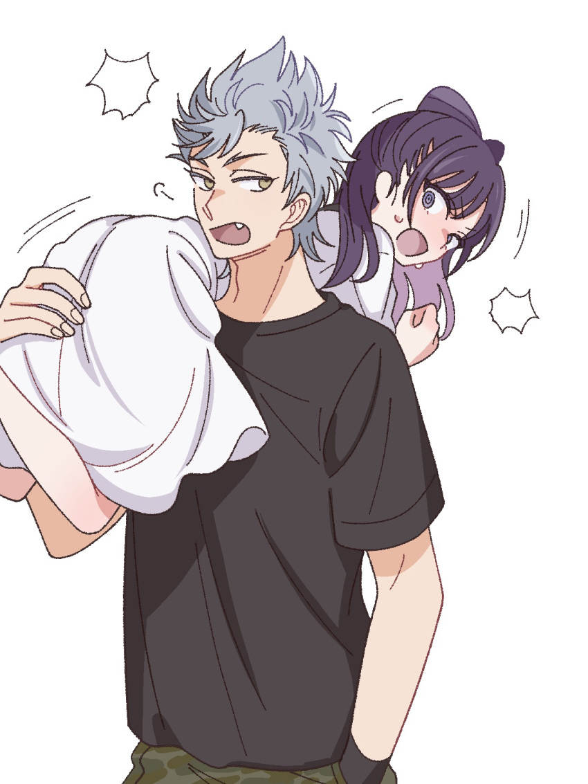 1boy 1girl :o @_@ angry black_bow black_hair black_shirt bow brown_eyes carrying_over_shoulder clenched_hand colored_inner_hair dress fang green_shorts grey_hair hair_bow hand_in_pocket hetero highres miyao_nemu multicolored_hair purple_hair shirt short_sleeves shorts simple_background t-shirt violet_eyes white_background white_dress witch_watch wolf_(witch_watch) yoshitaka_(palooo)