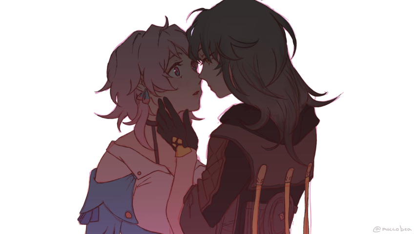 2girls black_choker black_gloves black_jacket black_sleeves blue_sleeves choker earrings english_commentary gloves grey_hair hand_on_another's_face height_difference highres honkai:_star_rail honkai_(series) imminent_kiss jacket jewelry long_sleeves looking_at_another march_7th_(honkai:_star_rail) medium_hair moccobea multiple_girls parted_lips pink_hair shirt simple_background standing stelle_(honkai:_star_rail) trailblazer_(honkai:_star_rail) upper_body white_background white_shirt yellow_eyes yuri
