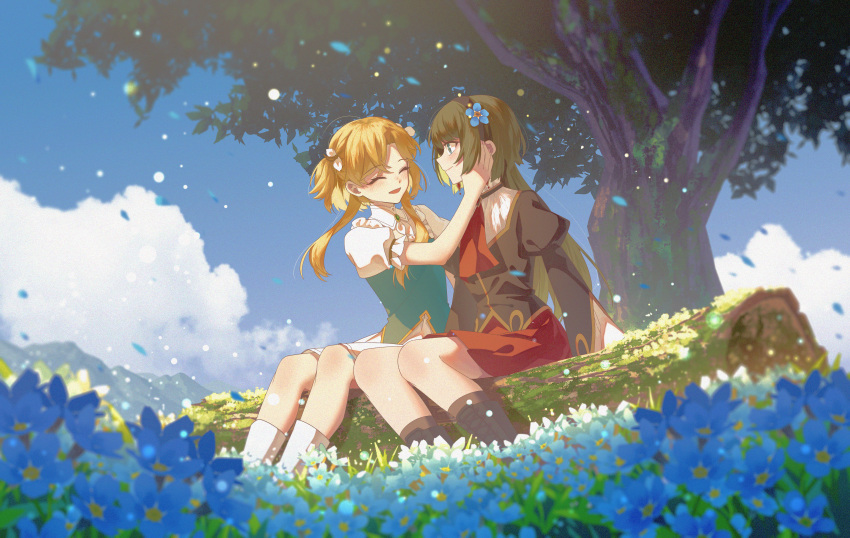 2girls ^_^ absurdres black_footwear blonde_hair blue_flower blue_sky blush boots breasts closed_eyes clouds day dress flower forget-me-not_(flower) green_hair hair_flower hair_ornament hand_on_another's_cheek hand_on_another's_face highres jiege log long_hair looking_at_another medium_breasts mountainous_horizon multiple_girls nina_(volcano_princess) open_mouth outdoors puffy_sleeves red_skirt rose_(volcano_princess) short_hair_with_long_locks sitting_on_log skirt sky smile tree volcano_princess white_dress yuri