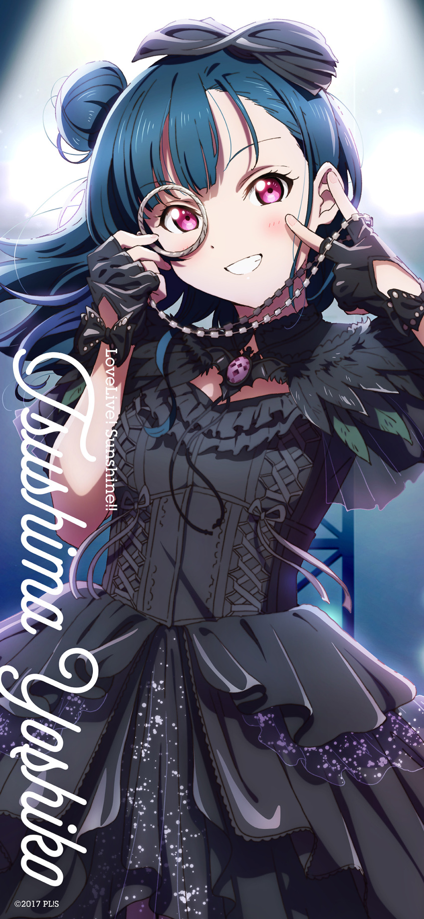 1girl 2017 absurdres artist_request black_dress black_gloves blue_hair blush character_name commentary_request copyright_name corset dot_nose dress fingerless_gloves fingernails gloves gothic hair_bun hands_up highres long_hair looking_at_viewer love_live! love_live!_sunshine!! monocle official_art official_wallpaper smile solo teeth tsushima_yoshiko v violet_eyes