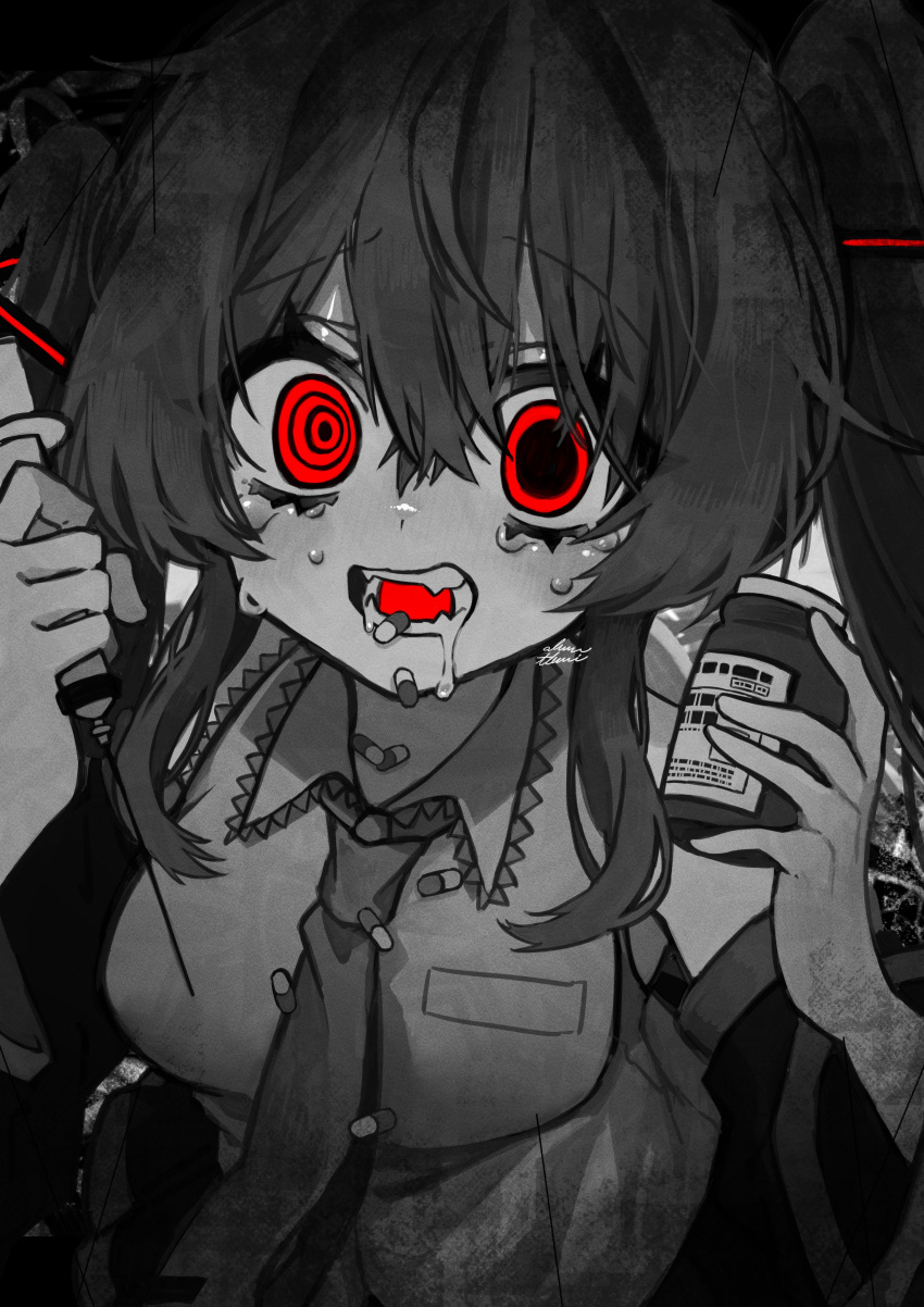 1girl absurdres aduma_tobari asymmetrical_irises bottle collared_shirt detached_sleeves drooling drugs greyscale hair_between_eyes hands_up hatsune_miku highres holding holding_bottle holding_syringe long_hair long_sleeves looking_at_viewer medicine medicine_bottle monochrome necktie open_mouth pill pill_bottle red_eyes ringed_eyes saliva shirt sleeveless sleeveless_shirt solo spot_color syringe tears teeth twintails upper_body vocaloid