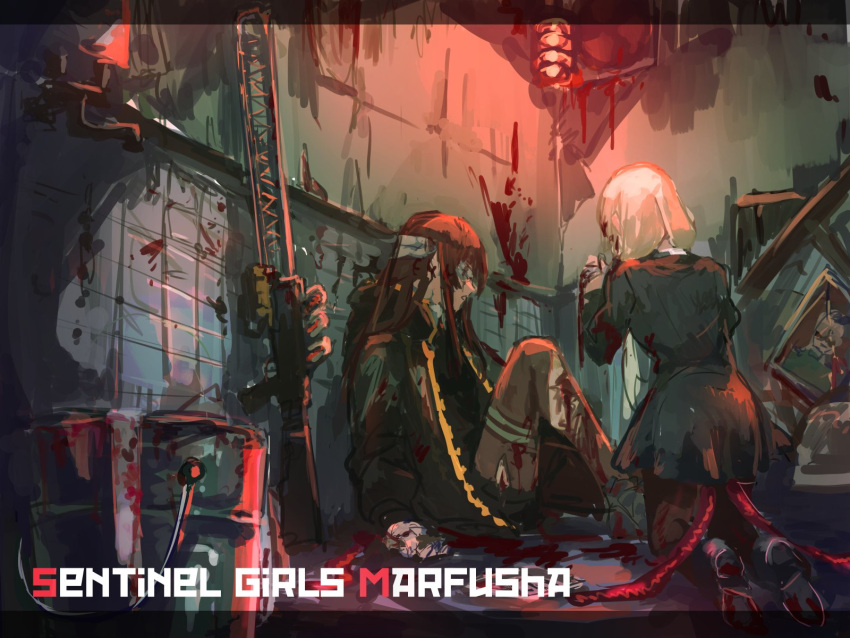 2girls against_wall applying_bandages assault_rifle bandage_over_one_eye bandaid bandaid_on_face blonde_hair blood blood_on_clothes blood_on_hands blood_on_weapon blood_splatter brown_hair bucket coat full_body gun highres injury kneeling laica_(marfusha) long_hair low_twintails marfusha marfusha_(marfusha) multiple_girls osakana_(denpa_yun'yun) pantyhose patch rifle sitting thigh_strap torn_clothes torn_pantyhose twintails very_long_hair weapon