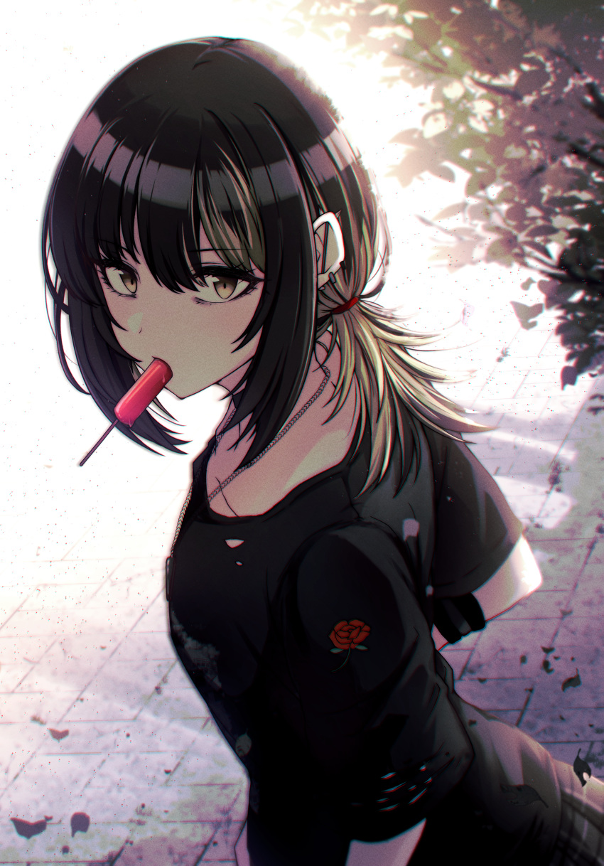1girl absurdres black_hair black_shirt black_skirt black_wristband blonde_hair blurry blurry_background bow breasts collarbone dot_nose ear_piercing floral_print flower food from_side hair_bow highres idolmaster idolmaster_shiny_colors ikaruga_luca jewelry kusaka_io leaf looking_at_viewer mouth_hold multicolored_hair necklace pavement piercing plaid plaid_skirt pleated_skirt popsicle print_shirt red_bow red_flower red_rose rose shadow shirt short_sleeves skirt small_breasts solo streaked_hair tree two-tone_hair yellow_eyes