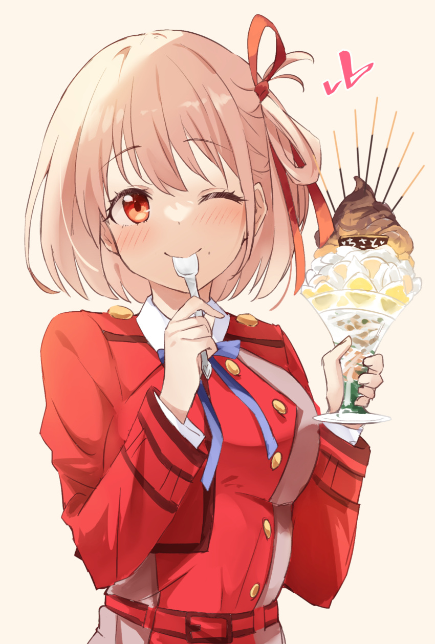 1girl belt blonde_hair blue_ribbon blush breasts character_name closed_mouth commentary cup dress eating eyelashes food hair_between_eyes hair_ribbon hands_up happy heart highres holding holding_cup holding_spoon large_breasts long_sleeves looking_at_viewer lycoris_recoil lycoris_uniform medium_hair nishikigi_chisato one_eye_closed one_side_up parfait pocky red_belt red_dress red_eyes red_ribbon ribbon ririka_(ab-yuri) simple_background smile solo spoon straight-on upper_body utensil_in_mouth yellow_background