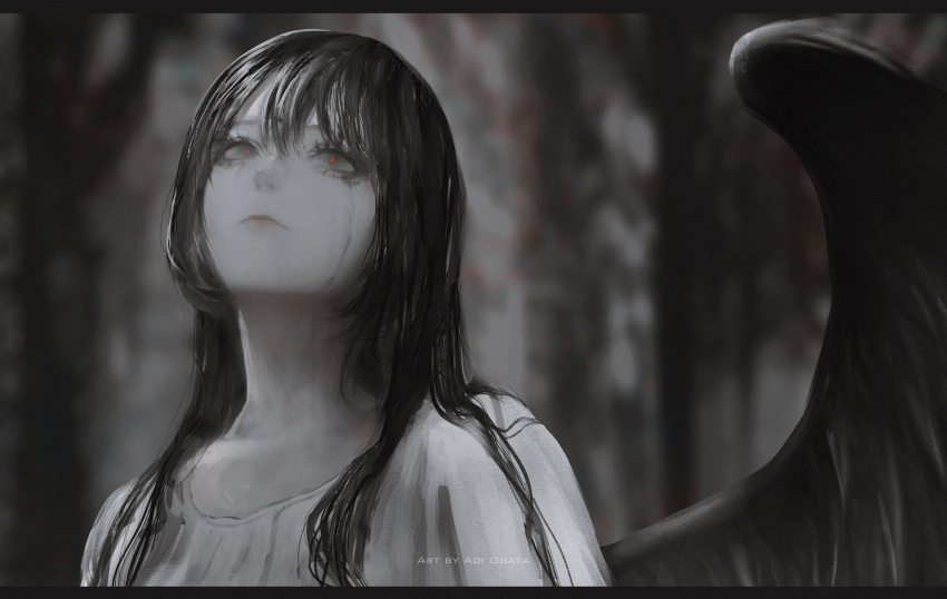 1girl aoi_ogata artist_name black_hair black_wings blurry blurry_background closed_mouth collarbone commentary_request depth_of_field dress feathered_wings grey_eyes highres letterboxed long_hair original solo upper_body white_dress wings