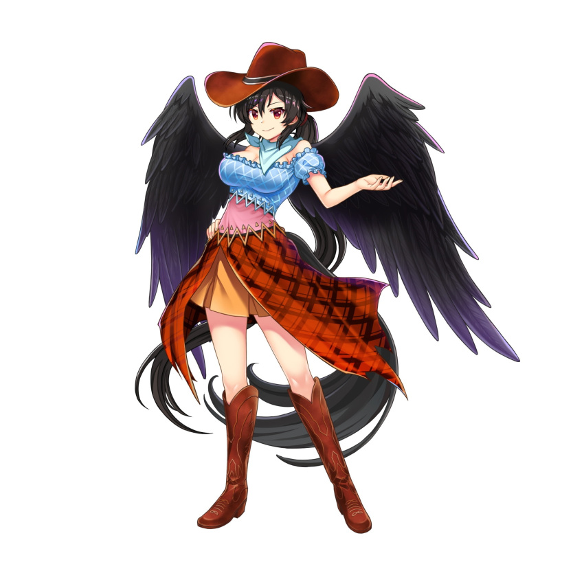 1girl aqua_background black_hair black_wings boots breasts brown_footwear brown_headwear brown_skirt closed_mouth cowboy_boots cowboy_hat full_body game_cg hat highres horse_tail kurokoma_saki large_breasts long_hair looking_at_viewer multicolored_clothes off_shoulder pegasus_wings plaid plaid_skirt ponytail red_eyes rotte_(1109) sidelocks simple_background skirt smile solo tail third-party_source touhou touhou_lost_word very_long_hair white_background wings