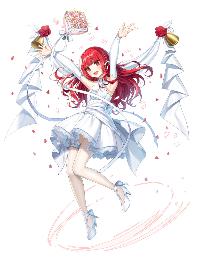 1girl :d ankle_bow armpits arms_up back_bow banner bare_shoulders bell blunt_bangs blush bouquet bouquet_toss bow braid bridal_garter bridal_gauntlets closers dress falling_petals flat_chest floating_hair flower full_body hair_ribbon hands_up high_heels highres jumping lace-trimmed_dress lace_trim leg_up long_hair looking_at_viewer official_art pantyhose petals pink_flower pink_rose red_eyes red_flower red_rose redhead ribbon rose seth_(closers) sharp_teeth short_dress single_braid sleeveless sleeveless_dress smile solo tachi-e teeth upper_teeth_only wedding_dress white_background white_bow white_bridal_garter white_bridal_gauntlets white_dress white_footwear white_pantyhose white_ribbon