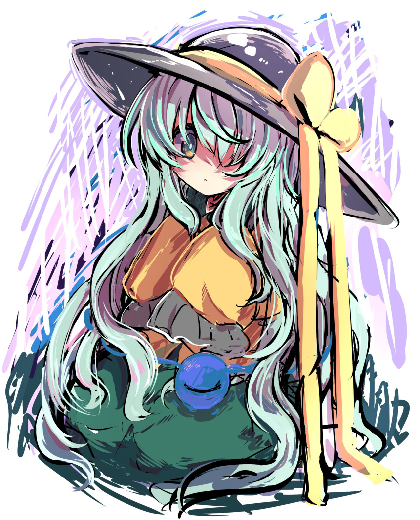 1girl aqua_hair black_headwear blouse bow closed_mouth expressionless eyeball frilled_shirt_collar frilled_sleeves frills full_body green_eyes green_skirt hat hat_bow hat_ribbon highres komeiji_koishi long_hair long_ribbon long_sleeves looking_at_viewer one_eye_covered ribbon rpameri shirt simple_background sitting skirt solo third_eye touhou very_long_hair wavy_hair white_background wide_sleeves yellow_bow yellow_ribbon yellow_shirt