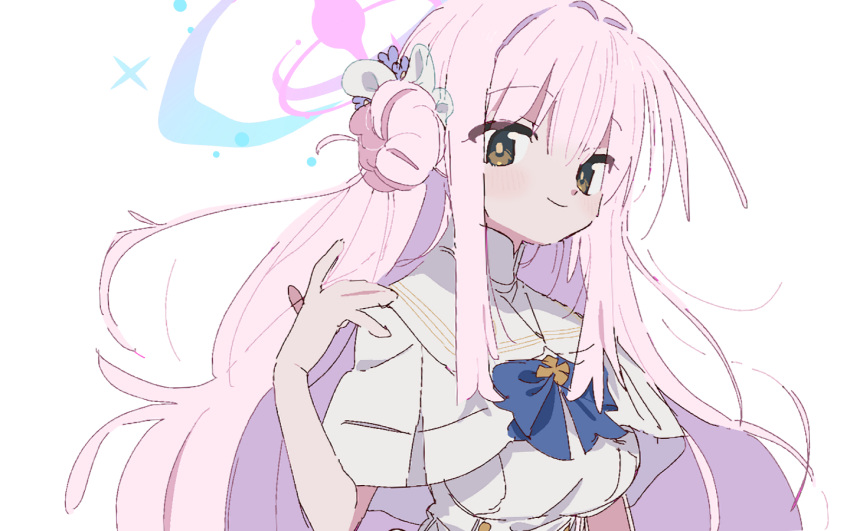 1girl \||/ blue_archive blue_bow blue_bowtie blush bow bowtie breasts brown_eyes capelet closed_mouth dress eezee56 flower hair_bun hair_flower hair_ornament hair_ribbon halo hand_up high_collar large_breasts long_hair looking_at_viewer messy_hair mika_(blue_archive) pink_hair purple_flower raised_eyebrows ribbon sideways_glance single_side_bun sleeveless sleeveless_dress smile solo upper_body very_long_hair white_background white_capelet white_dress white_ribbon