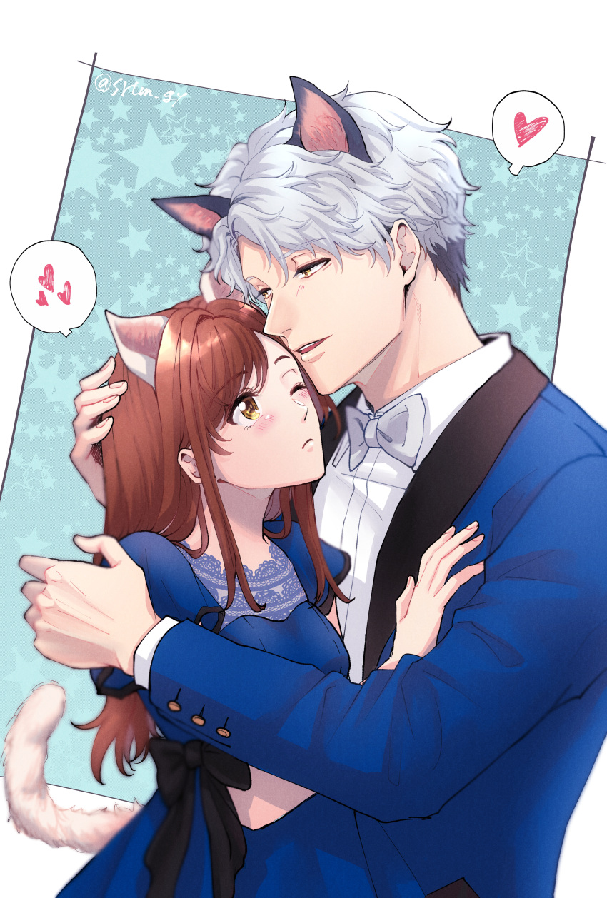 1boy 1girl absurdres animal_ears asahina_yui black_bow blue_dress blue_suit blush bow brown_eyes brown_hair cat_tail dog_ears dress frown grey_bow grey_hair heart hetero highres ichinose_ginga la_corda_d'oro_starlight_orchestra long_hair long_sleeves one_eye_closed shiratama_(srtm_gy) short_sleeves simple_background spoken_heart suit tail uniform yellow_eyes